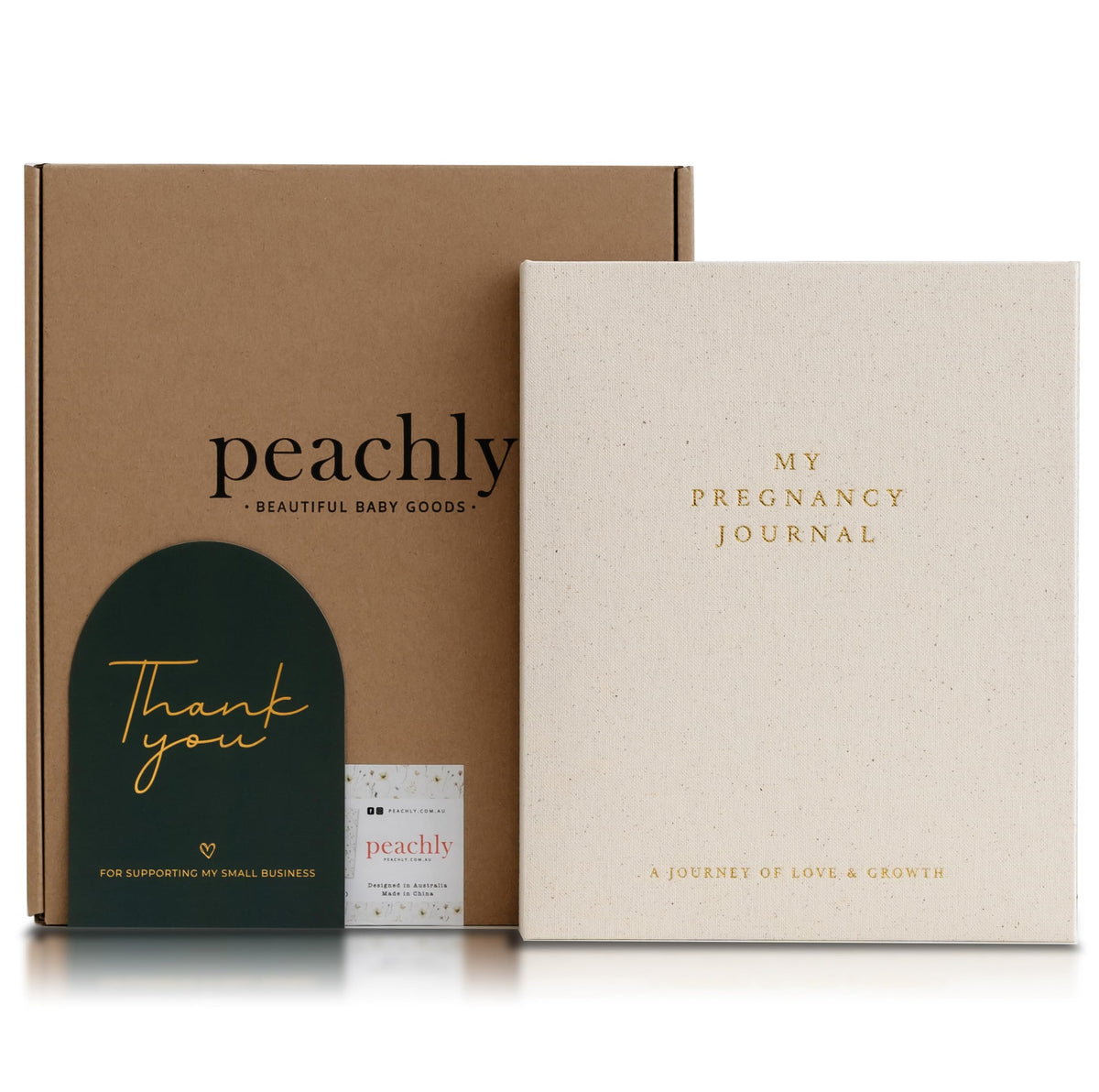 Peachly Pregnancy Journal cover in linen with gold foil for a durable keepsake