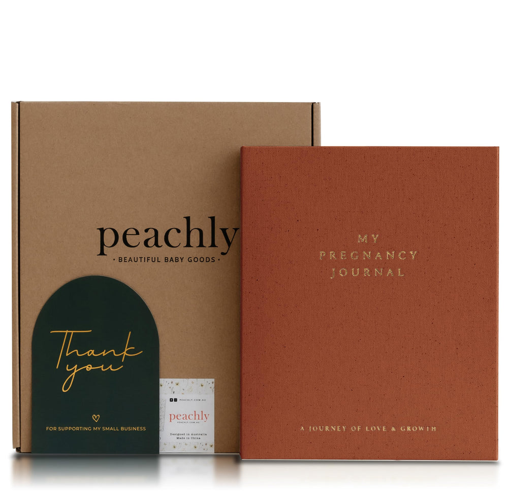 Peachly pregnancy journal Rust cover in linen for elegant memory keeping