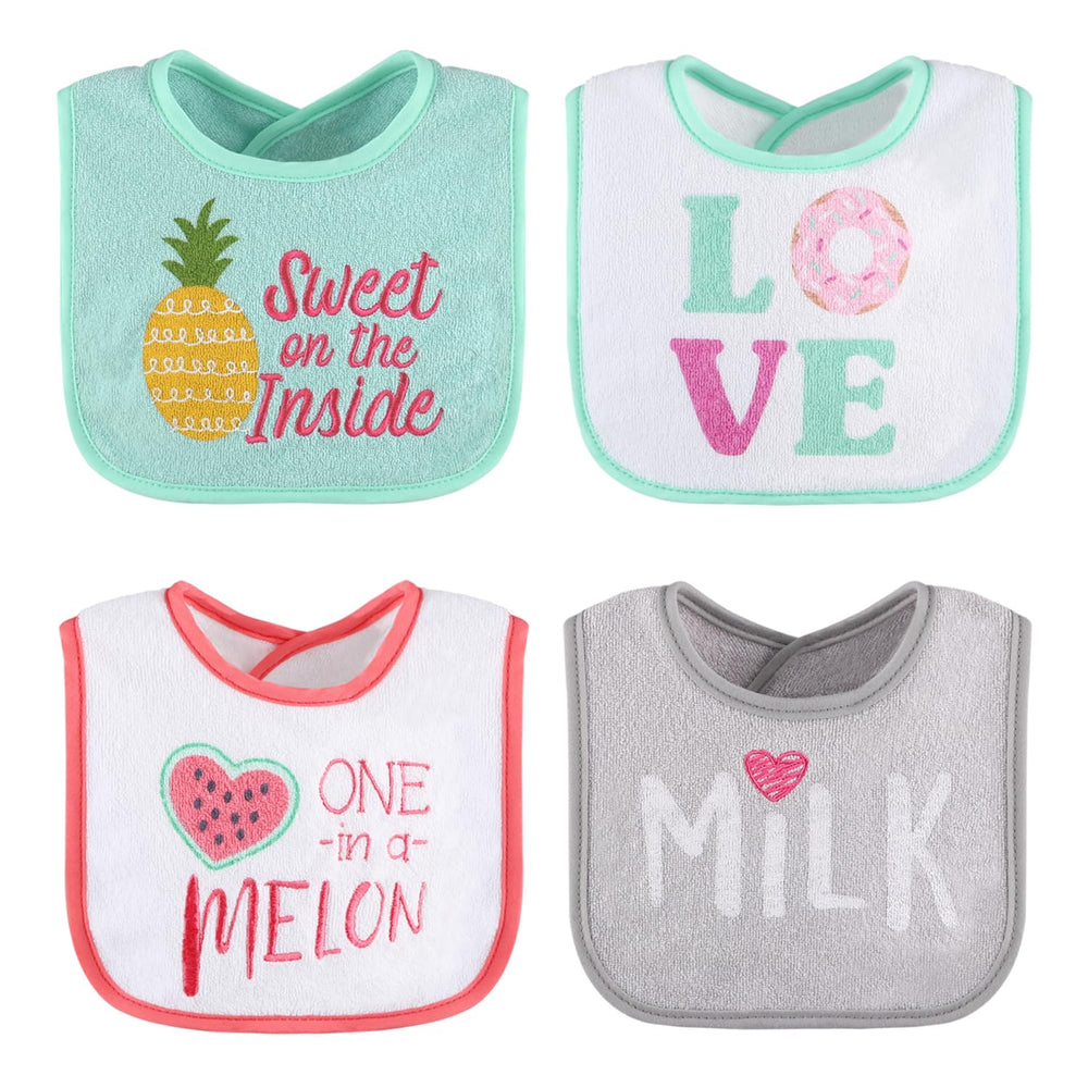 The Peanutshell baby girl adjustable snap bibs fit as baby grows