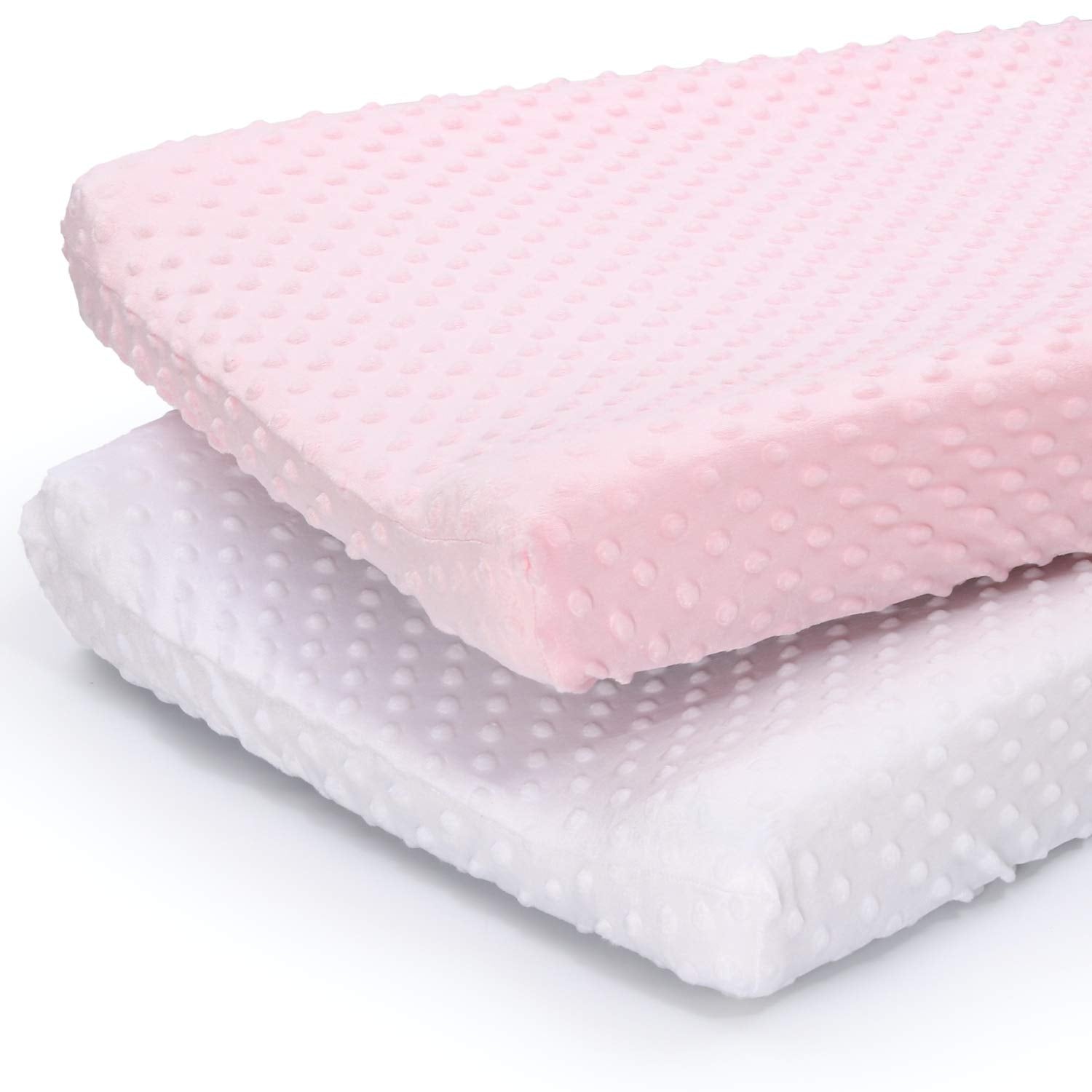 The Peanutshell changing pad cover pink white minky texture for comfortable diaper changes.