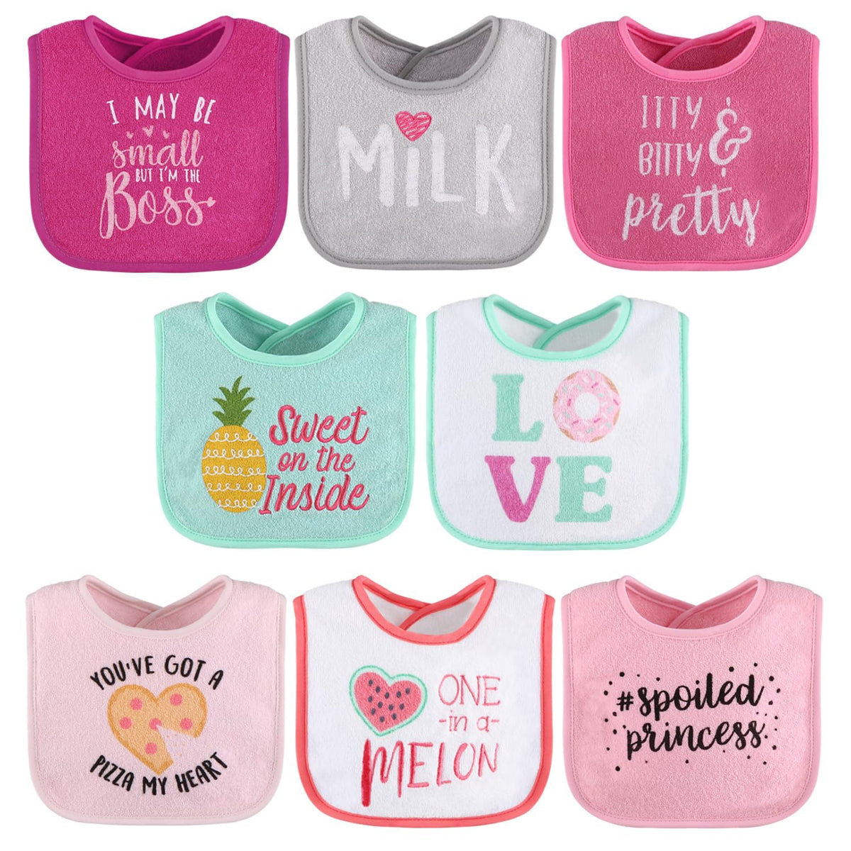 The Peanutshell baby girl terry bib set 8-pack shows absorbent protection for mealtime