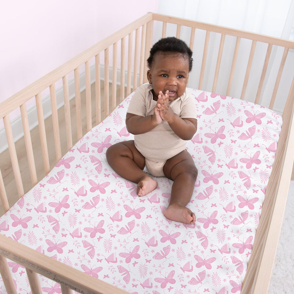 The Peanutshell butterfly sheets durable-easy-care photo underscores long-lasting softness after washes.