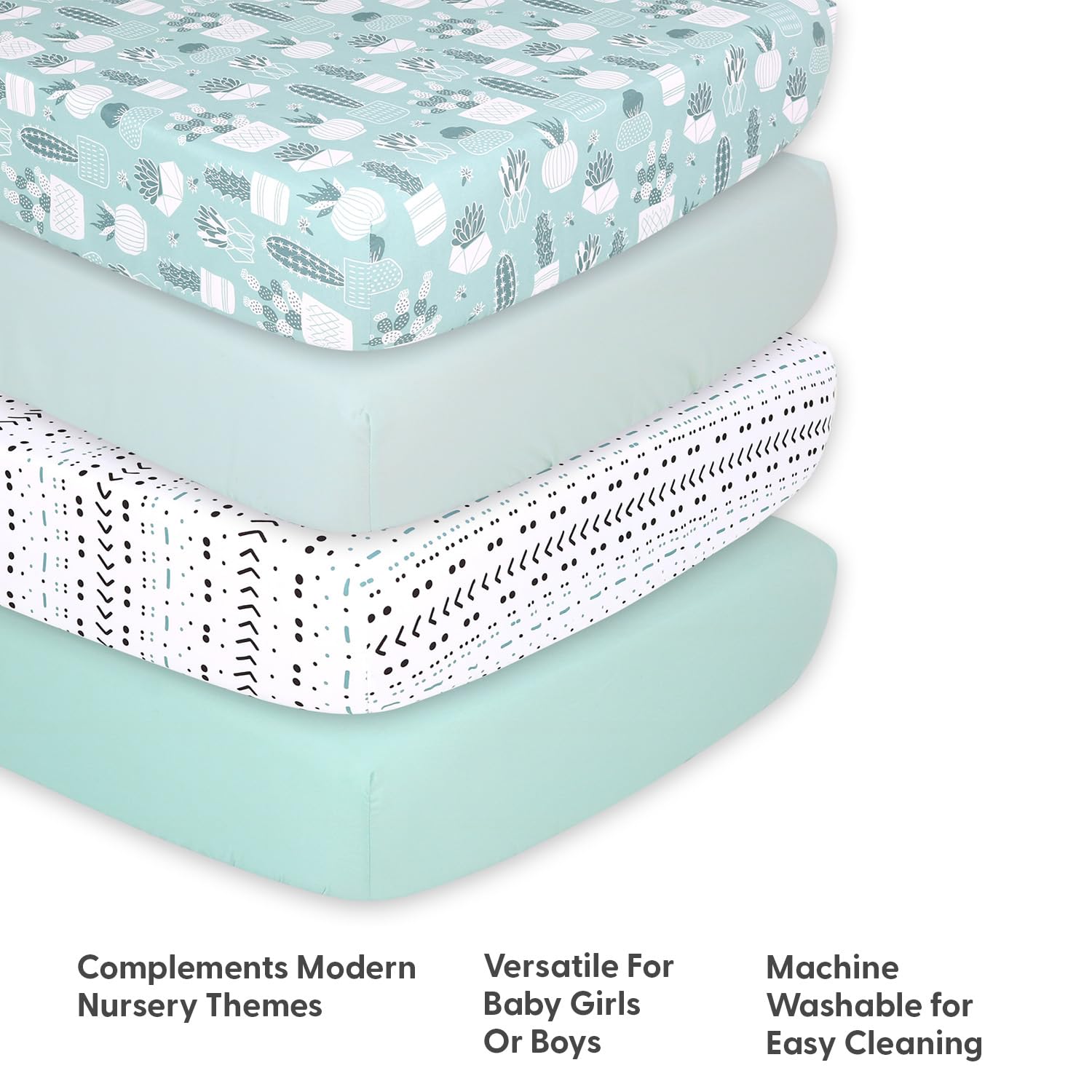The Peanutshell cactus crib sheet close-up demonstrates machine-washable, easy-care design.