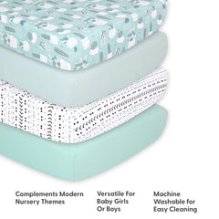 The Peanutshell cactus crib sheet close-up demonstrates machine-washable, easy-care design.