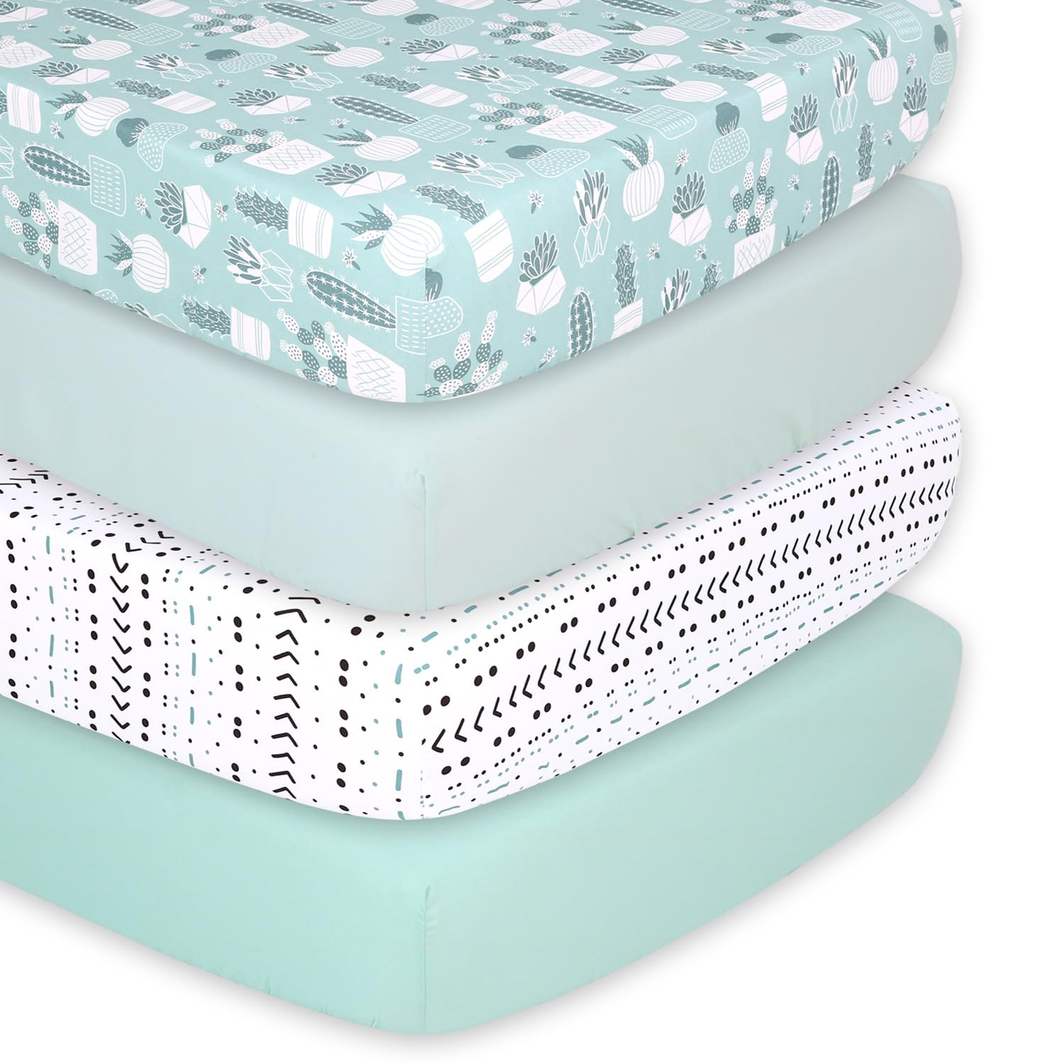 The Peanutshell cactus crib sheet front view with mint-green print for nursery charm and easy coordination.