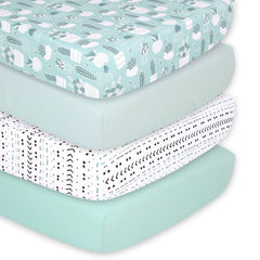 The Peanutshell cactus crib sheet front view with mint-green print for nursery charm and easy coordination.