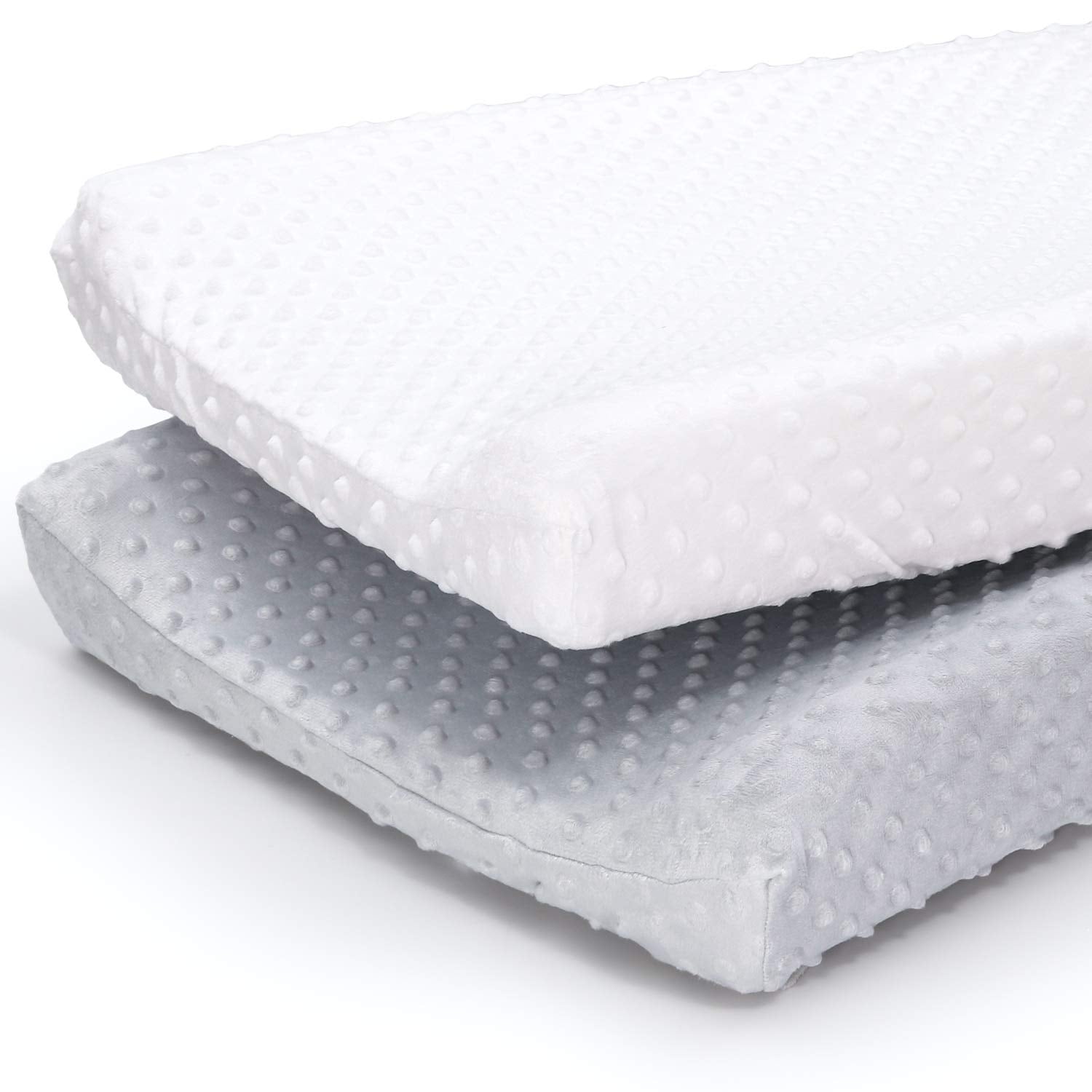 The Peanutshell changing pad cover in grey-white minky adds plush comfort during diaper changes.