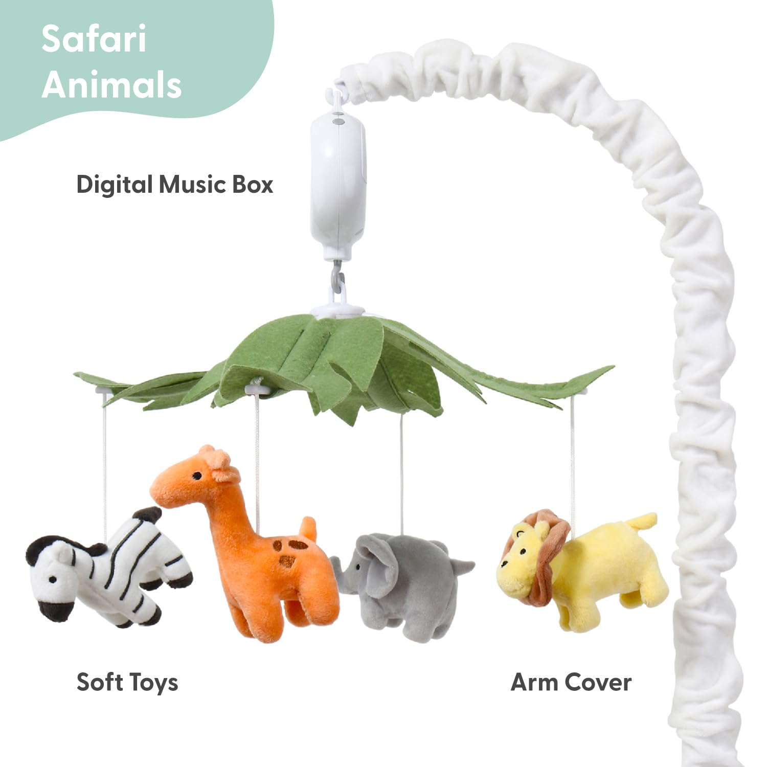 The Peanutshell crib mobile jungle animals feature elephant, giraffe, zebra, lion for playful decor.