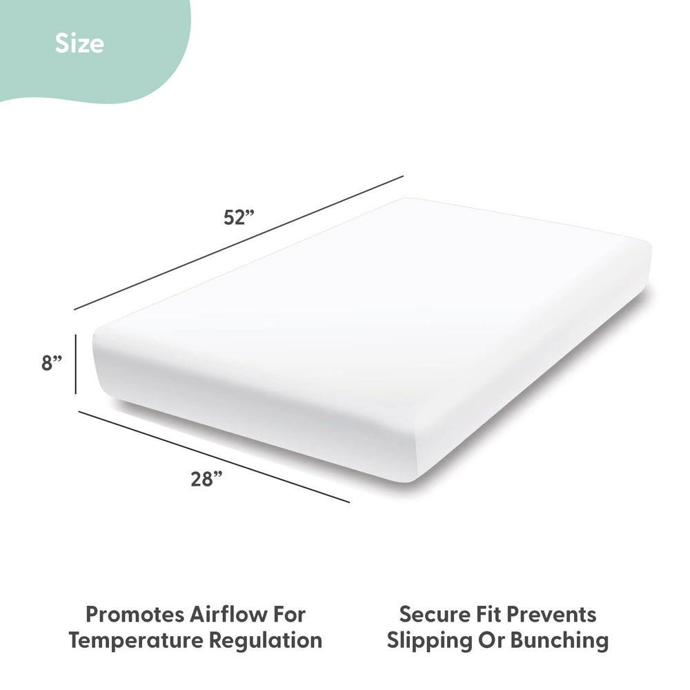 Peanutshell crib sheet with snug elastic band keeps sheets securely in place for safe sleep.
