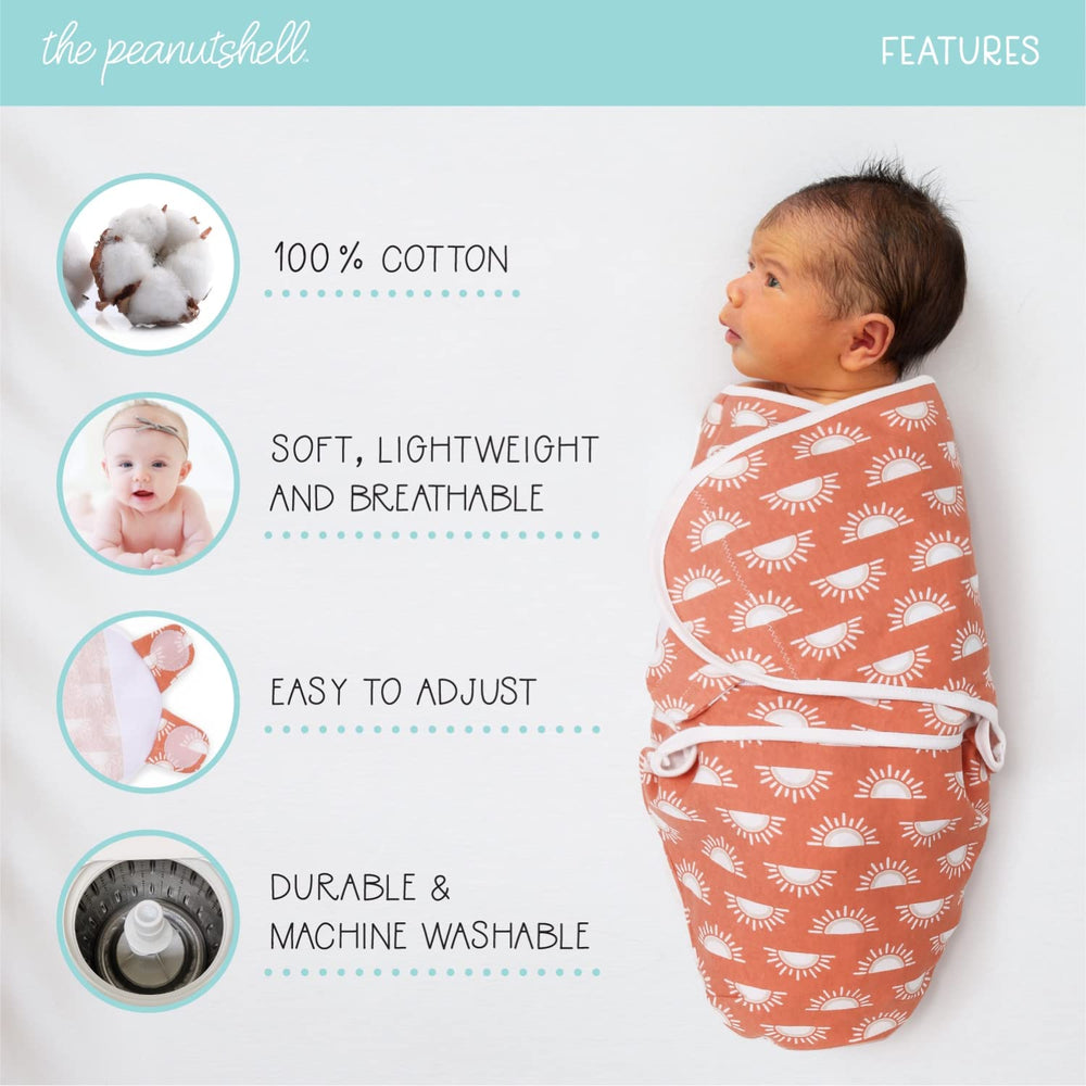 The Peanutshell Desert Safari swaddle green print shows versatile sizes and cozy wrapping.