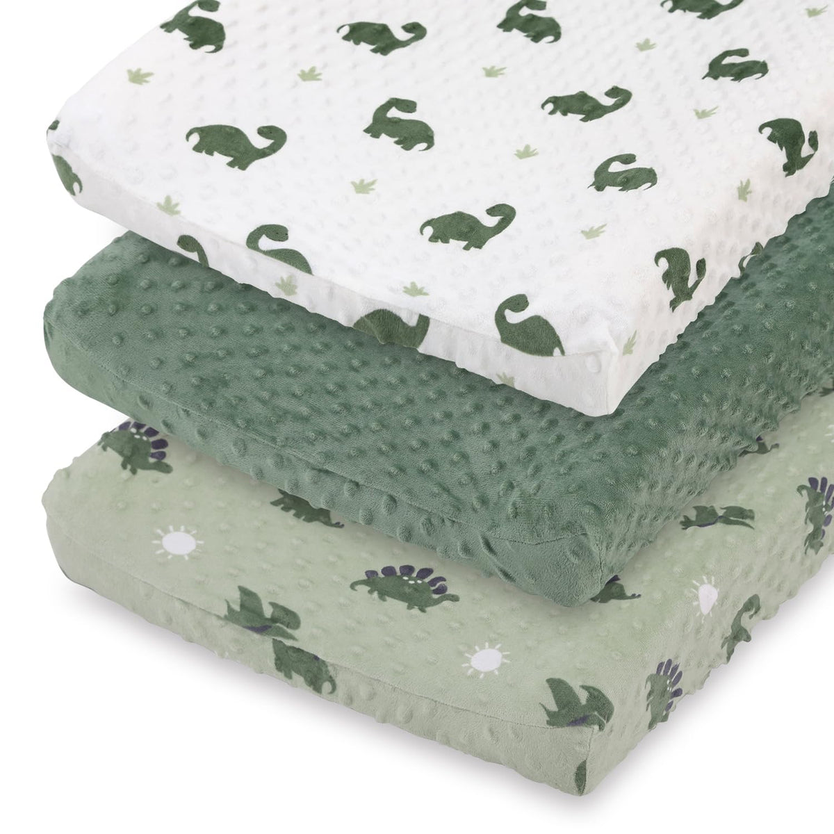 The Peanutshell dinosaur changing pad cover in sage green set keeps diaper changes tidy.