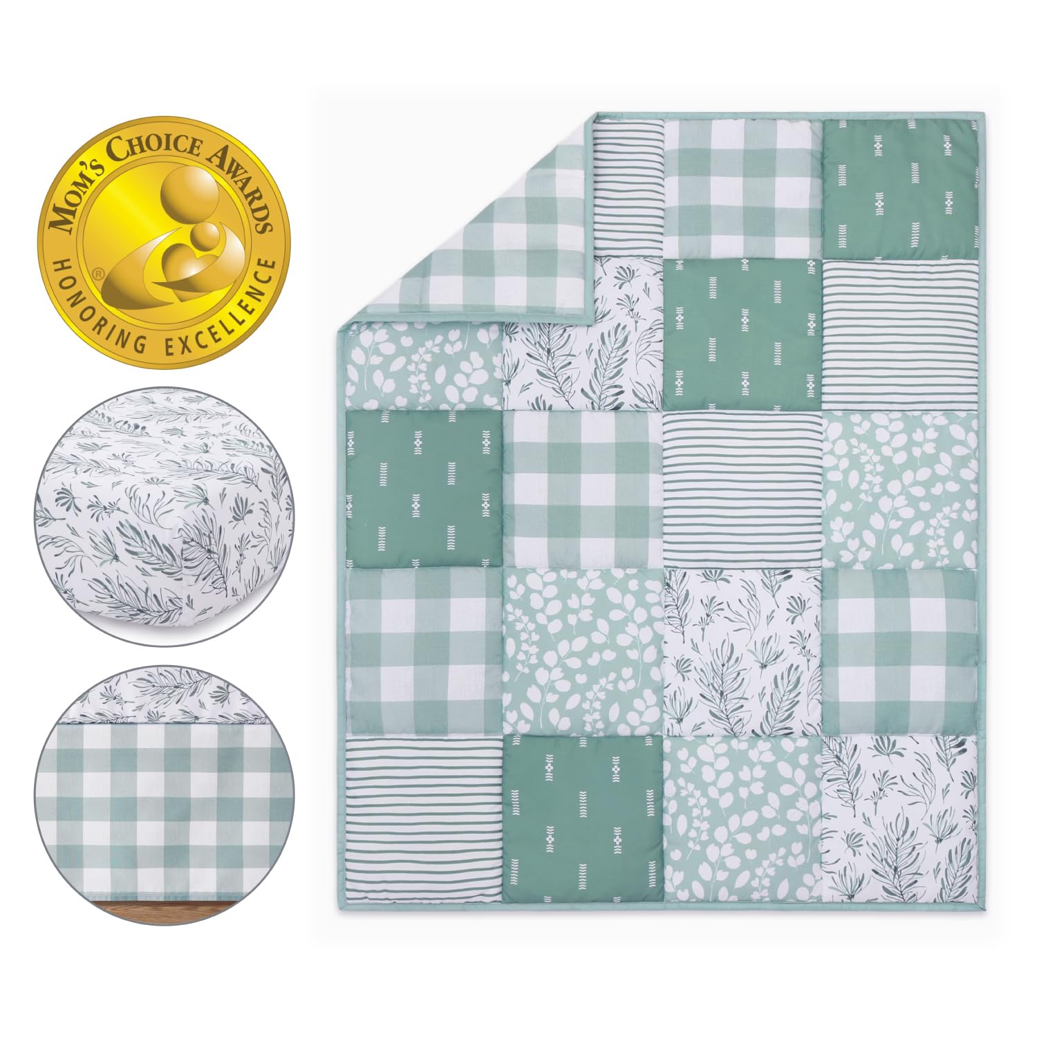 The Peanutshell fitted crib sheet forest shows secure fit to standard crib mattresses.
