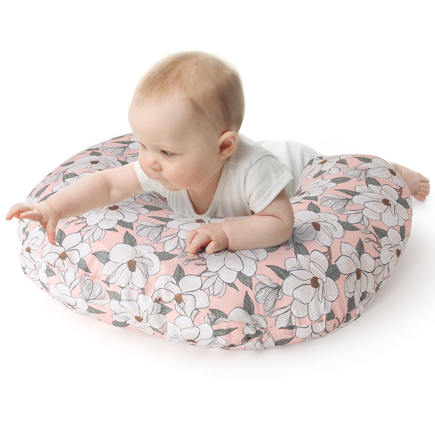The Peanutshell nursing pillow cover showcasing Magnolia design for elegant feeding sessions.