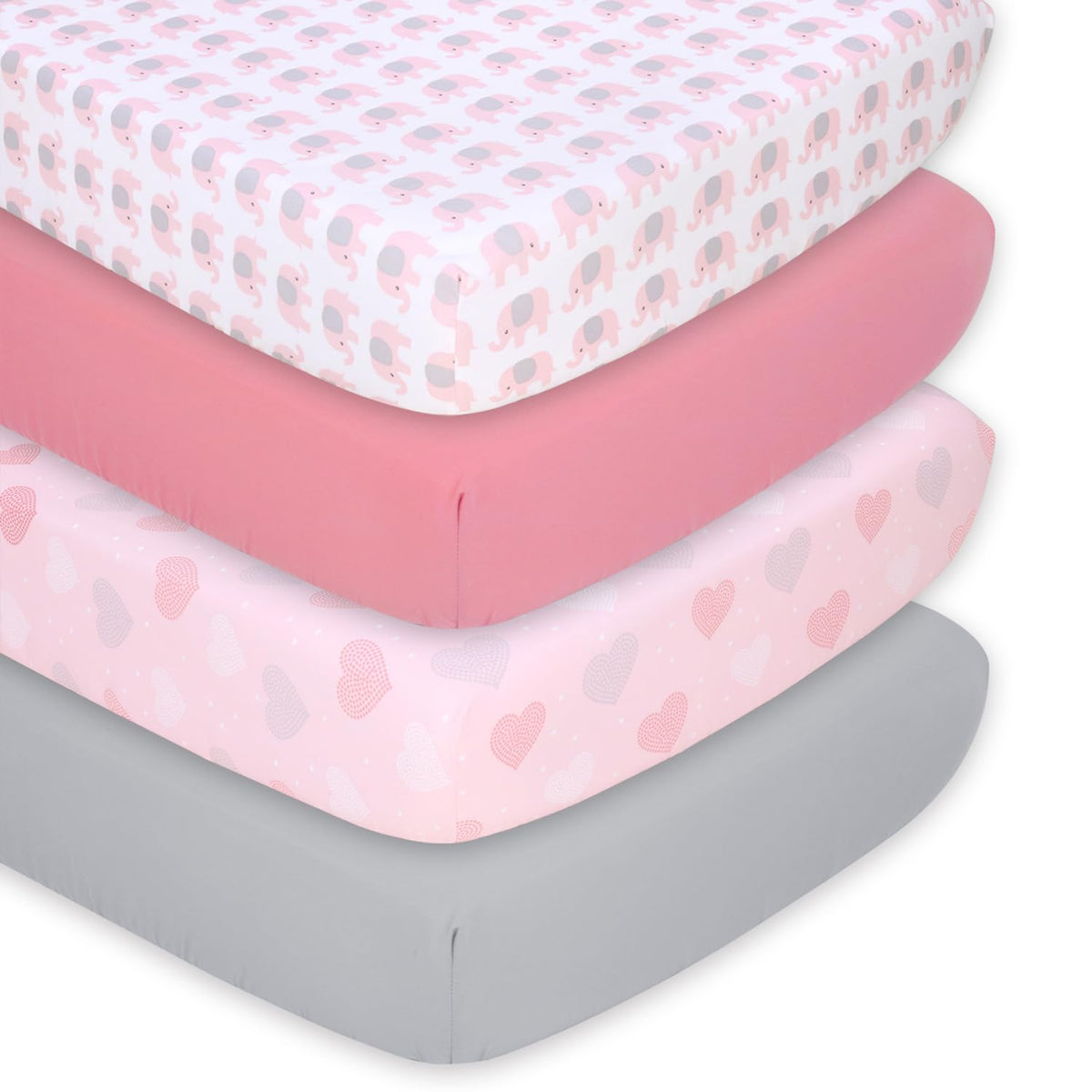 The Peanutshell pink elephant pattern crib sheets add playful charm and baby comfort.