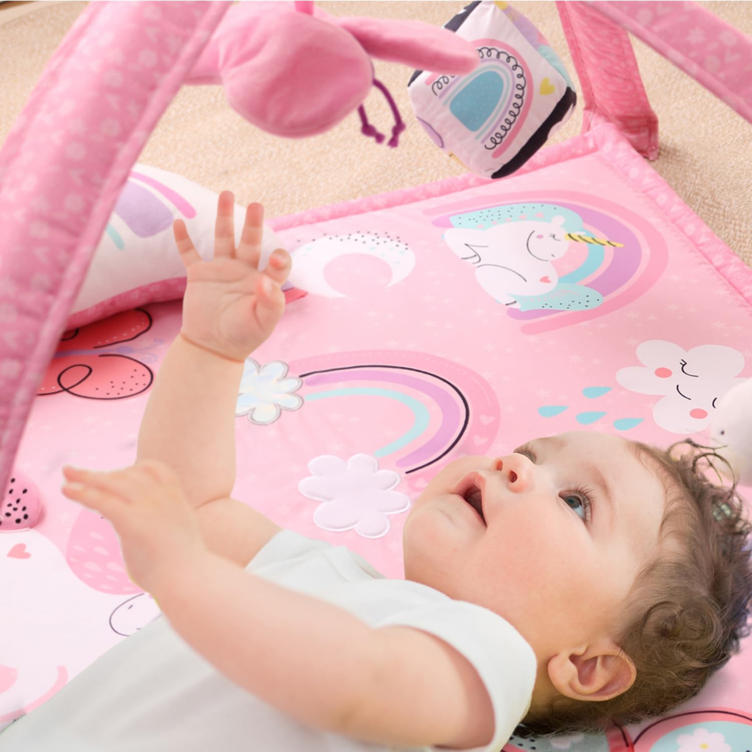 The Peanutshell Rainbow Paradise play gym folds compactly for travel and storage.