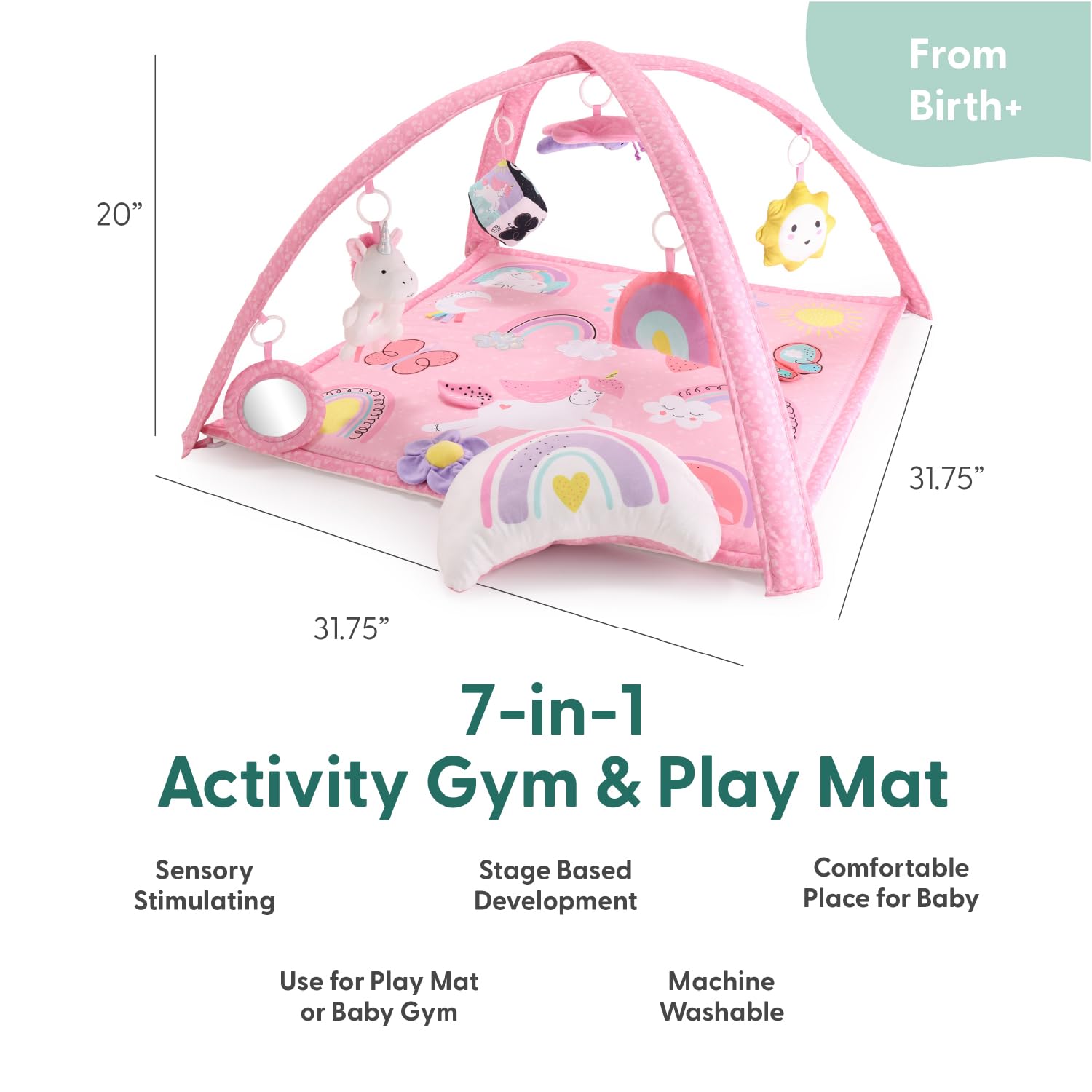 The Peanutshell Rainbow Paradise play gym features a soft padded surface for cozy exploration.