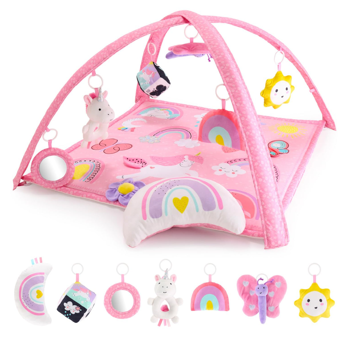 The Peanutshell Rainbow Paradise play gym unfolded mat supports comfy tummy time.