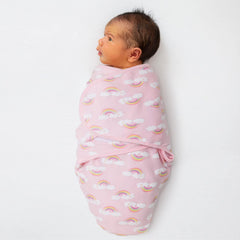 The Peanutshell rainbow print swaddle supports visual comfort during swaddling