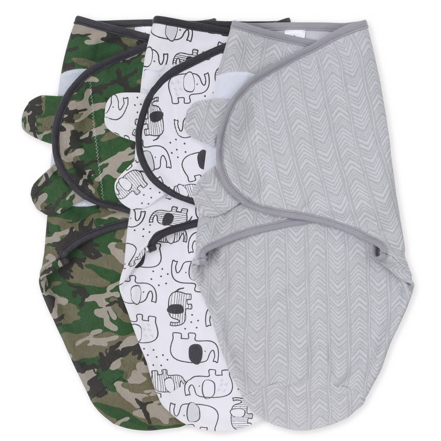 The Peanutshell swaddle set in olive camouflage offers a cozy, secure nap.