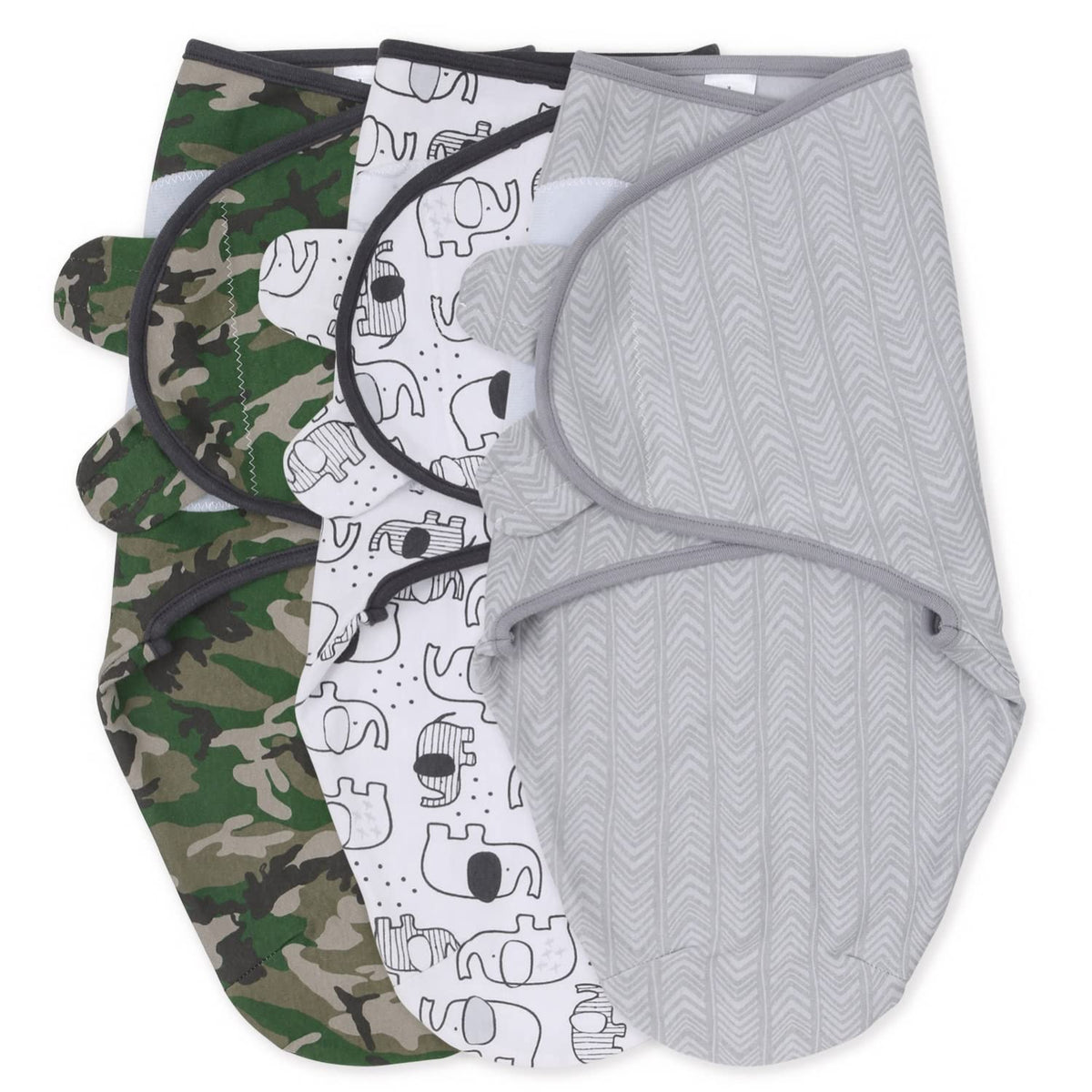 The Peanutshell swaddle set in olive camouflage offers a cozy, secure nap.