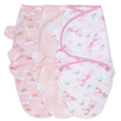 The Peanutshell swaddle set packaging with rainbow unicorn designs promotes a cozy bedtime look