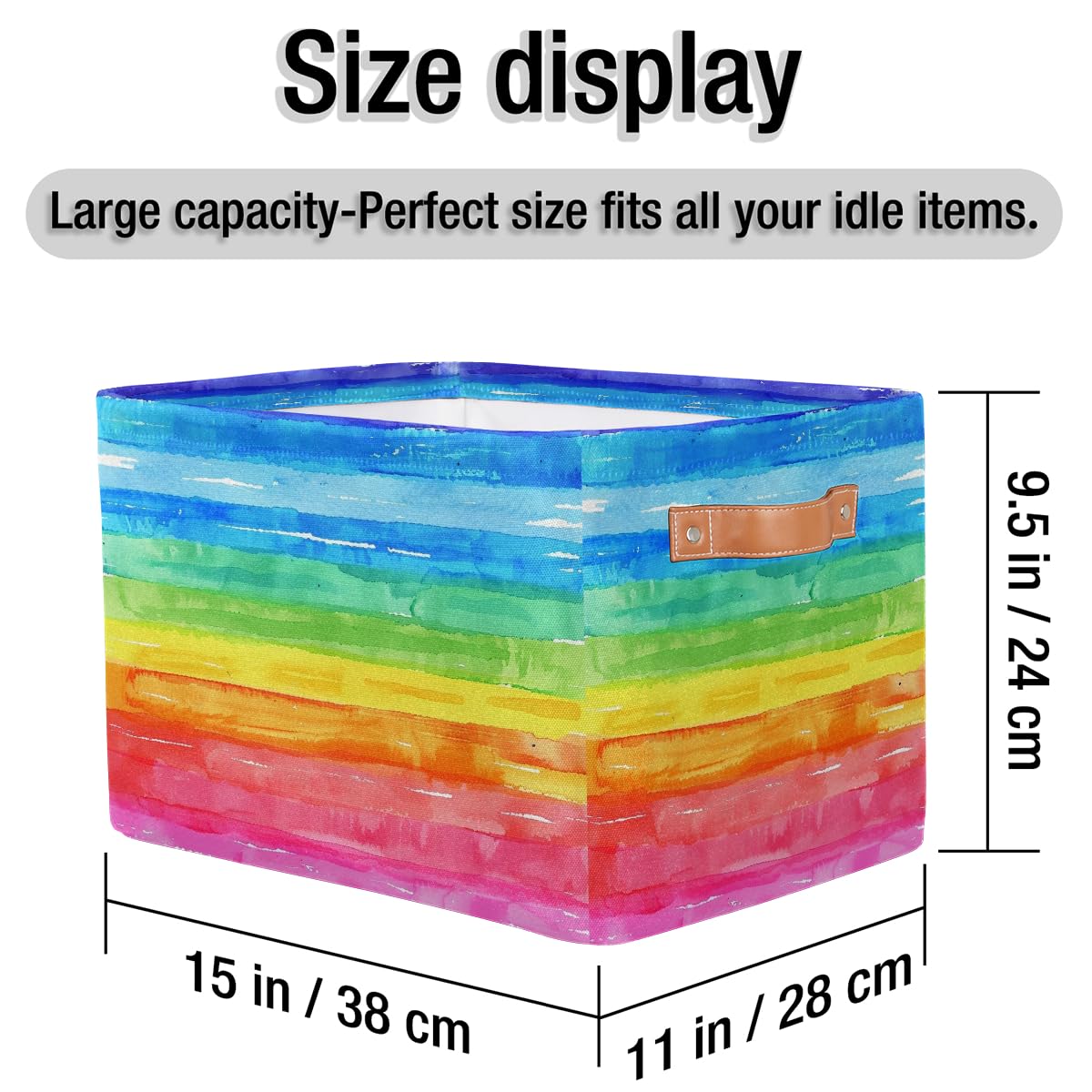 Peaom watercolor rainbow storage basket on a shelf illustrating organized space