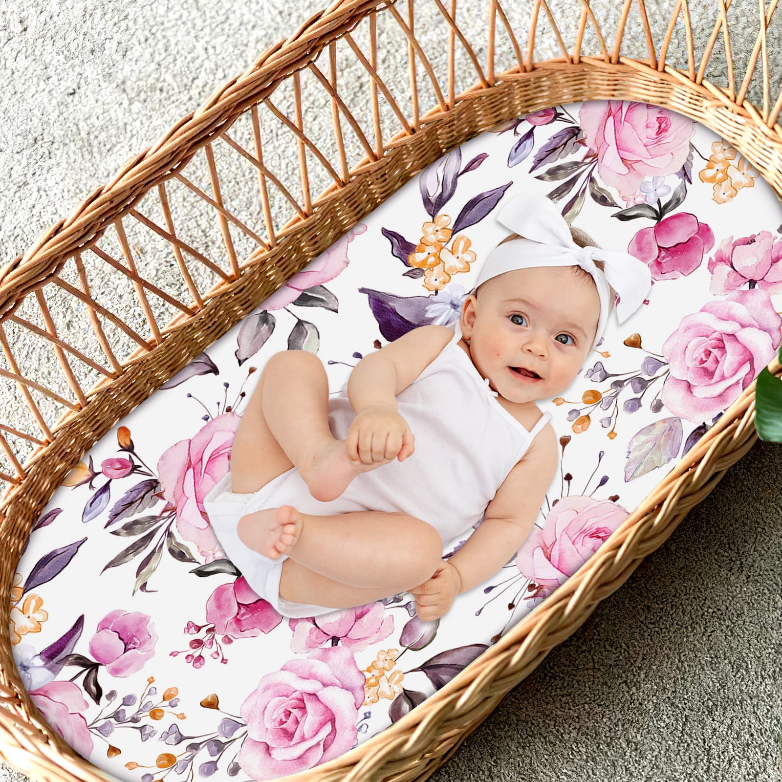 Pea Pod two-pack floral bassinet sheet highlights compact pack