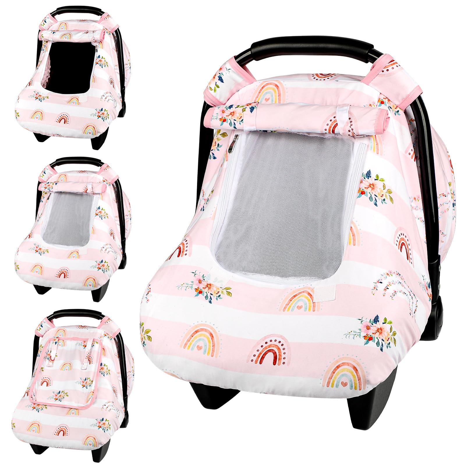 Pea Pod car seat cover with breathable mesh window improves ventilation for newborn comfort.