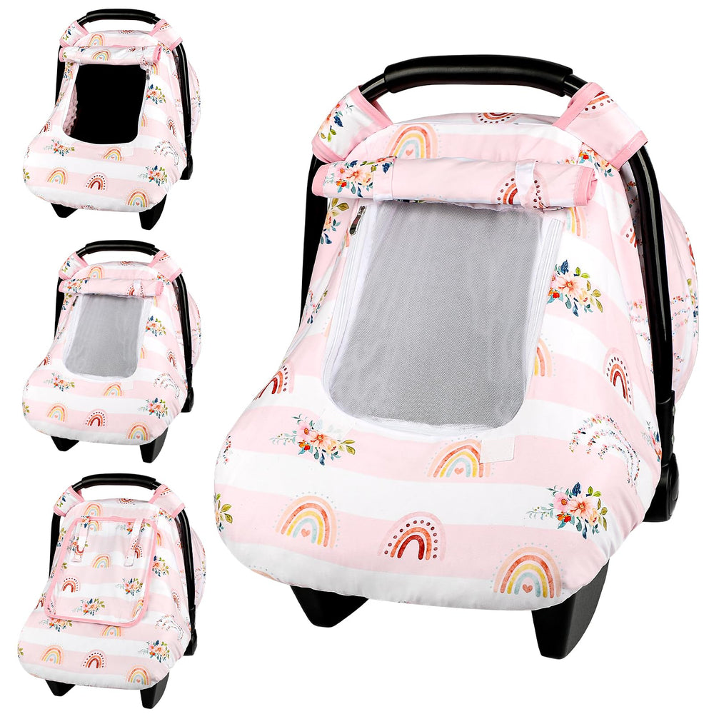 Pea Pod car seat cover with breathable mesh window improves ventilation for newborn comfort.