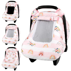 Pea Pod car seat cover with breathable mesh window improves ventilation for newborn comfort.