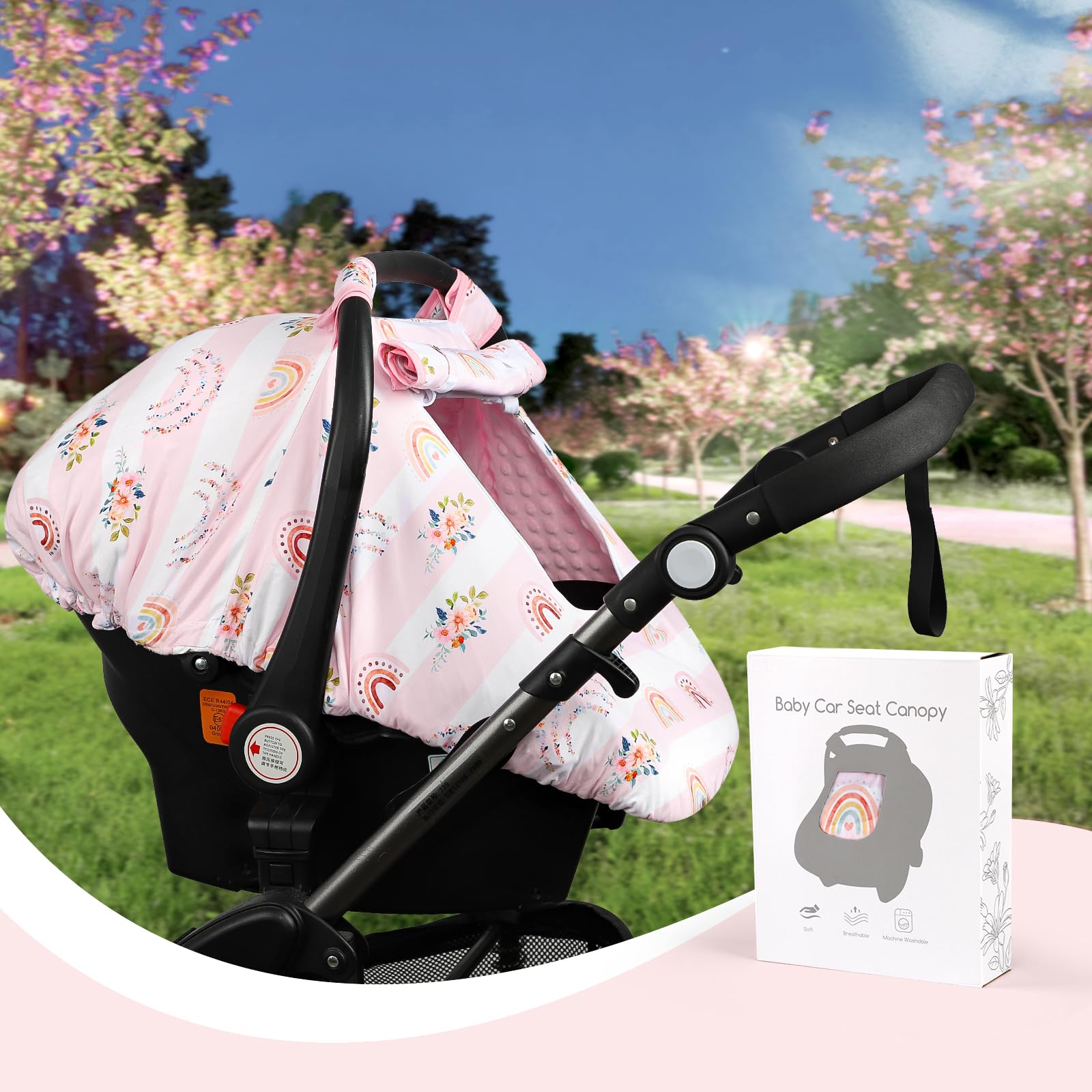 Pea Pod car seat cover uses kick-proof elastic band to stay in place during rides.