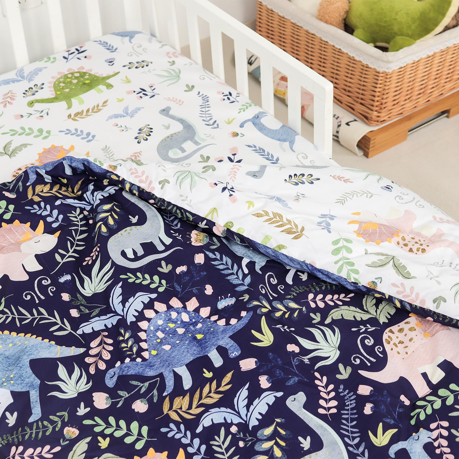Pea Pod dinosaur bedding set wrinkle-resistant closeup highlights durable, easy-care fabric
