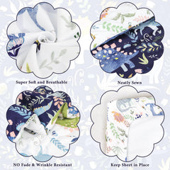 Pea Pod dinosaur bedding set fitted sheet deep pocket view emphasizes snug fit on toddler mattresses