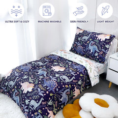 Pea Pod dinosaur bedding set pillowcase closeup highlights envelope design and smooth textures for easy care
