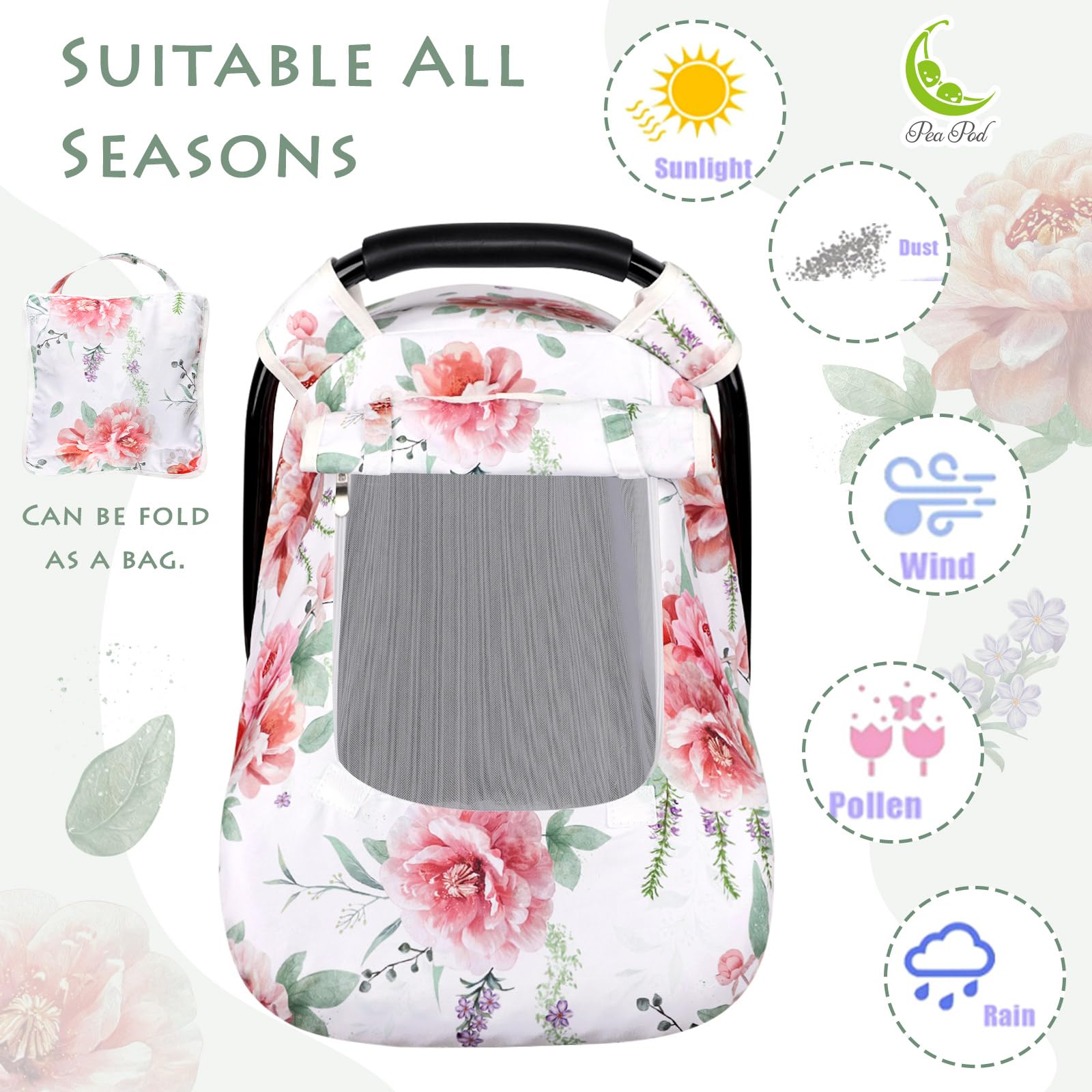Pea Pod floral car seat cover foldable bag for compact travel.