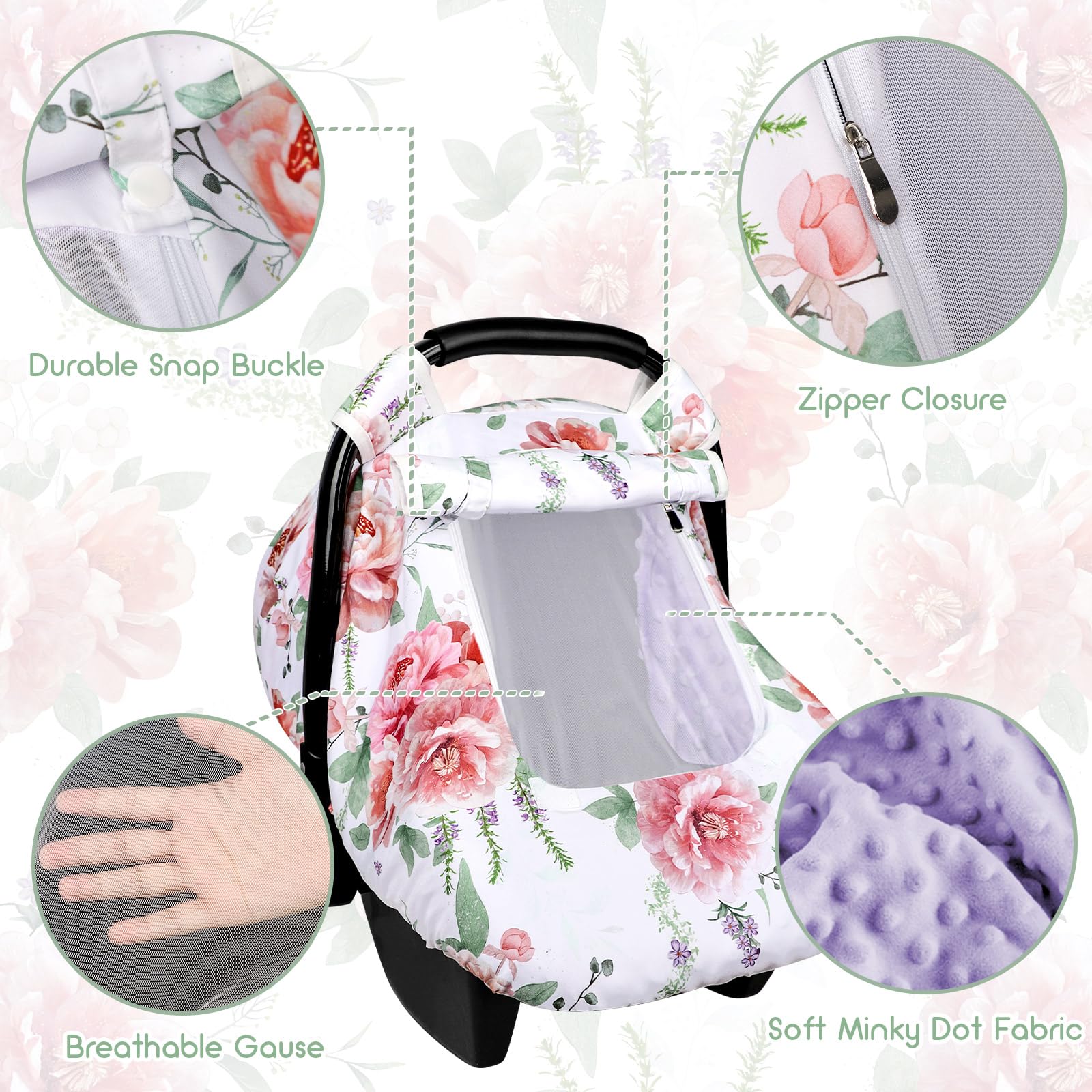 Pea Pod floral car seat cover mesh window shows baby while ensuring airflow.