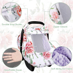 Pea Pod floral car seat cover mesh window shows baby while ensuring airflow.