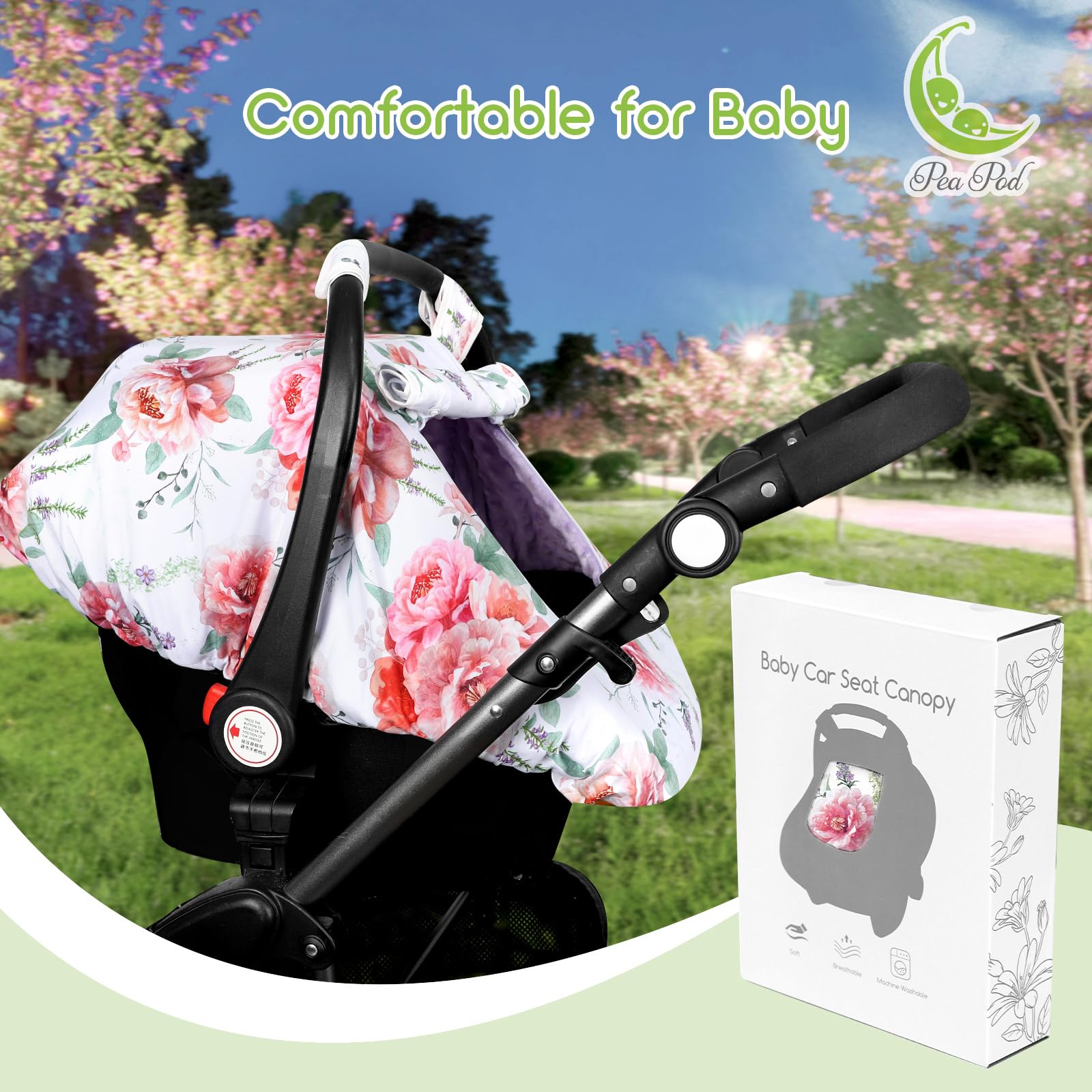 Pea Pod floral car seat cover velcro attachment for quick on the go setup.