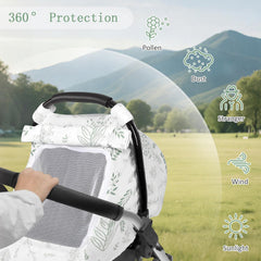 Pea Pod Muslin Car Seat Cover universal fit with adjustable straps ensures secure stroller use.