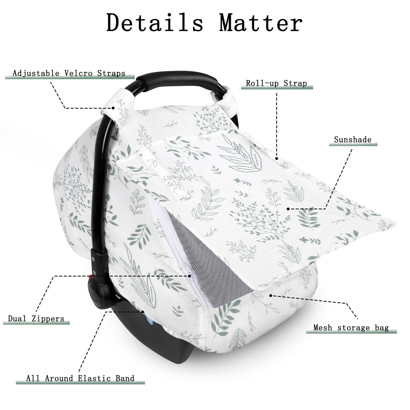 Pea Pod Muslin Car Seat Cover full-wrap shield blocks sun and wind during outings.