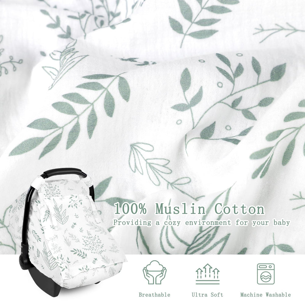 Pea Pod Muslin Car Seat Cover mesh window oversized for 360° airflow and easy baby checks.