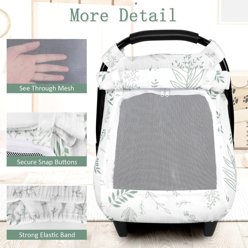 Pea Pod Muslin Car Seat Cover quick-install with stretchy edges fits most seats.