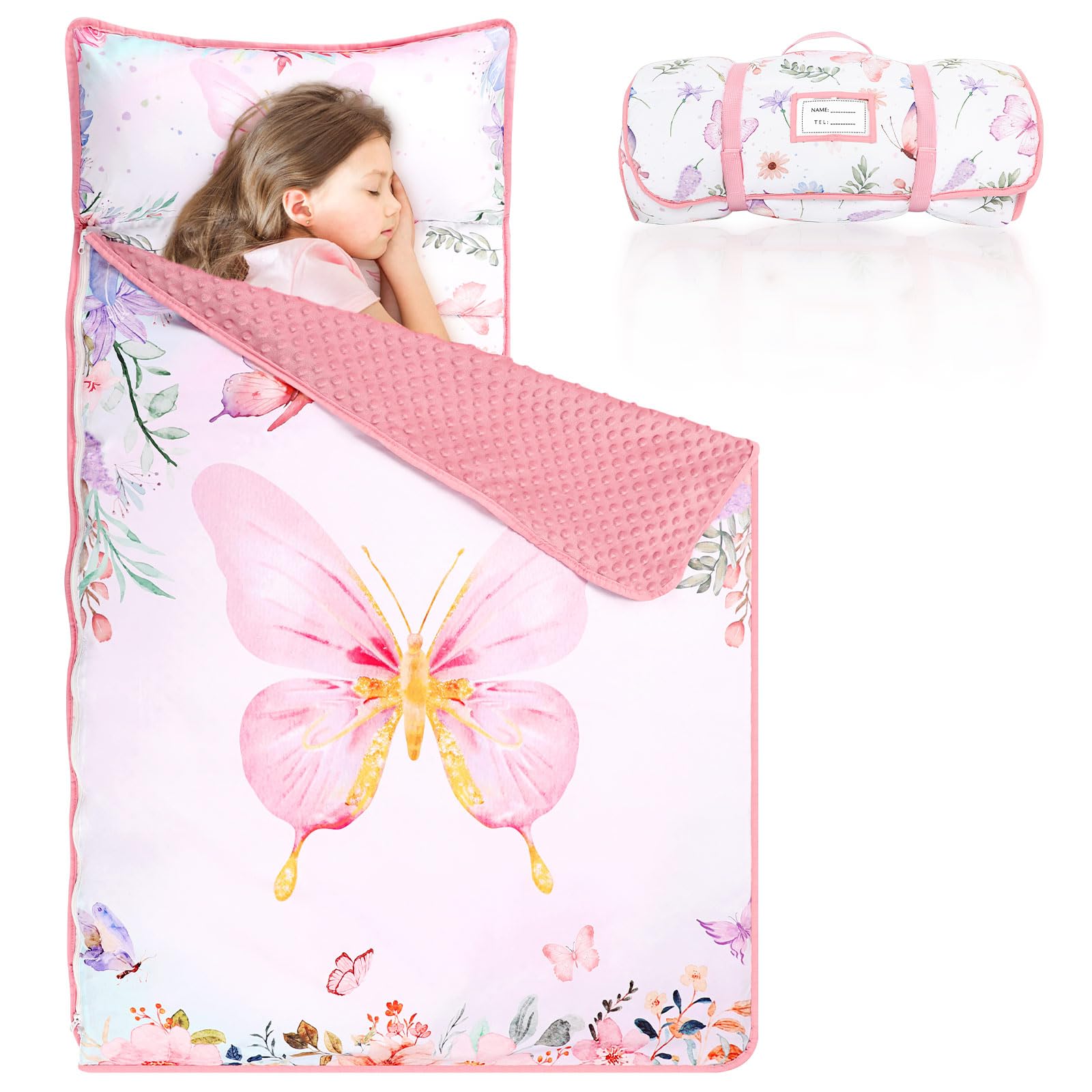 Pea Pod butterfly nap mat folded for daycare downtime.