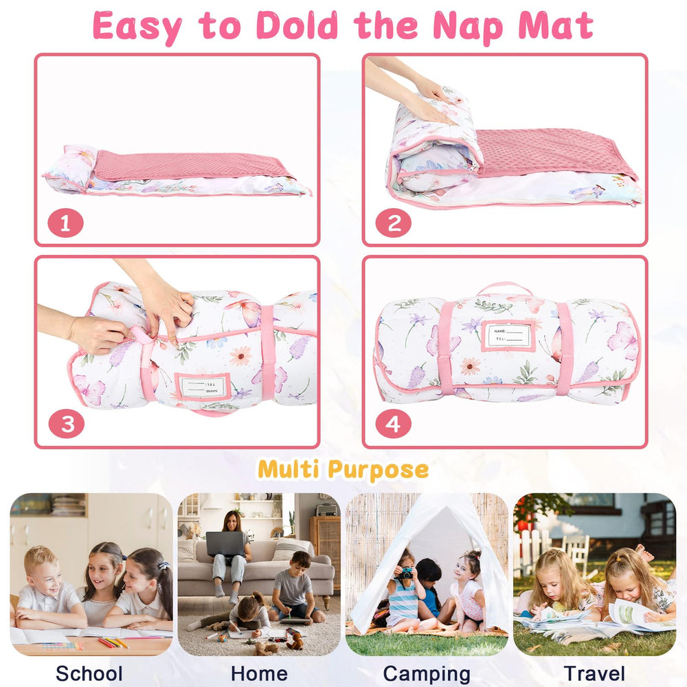 Pea Pod nap mat with fleece blanket for cozy sleepovers.