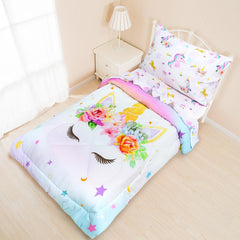 Pea Pod Unicorn toddler bedding set comforter closeup demonstrates plush microfiber softness for a cozy bedtime.