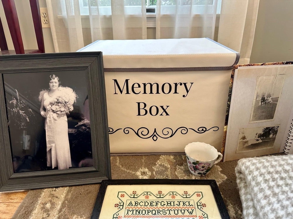Pear Tree Essentials memory storage box sturdy handles ease lifting when full.