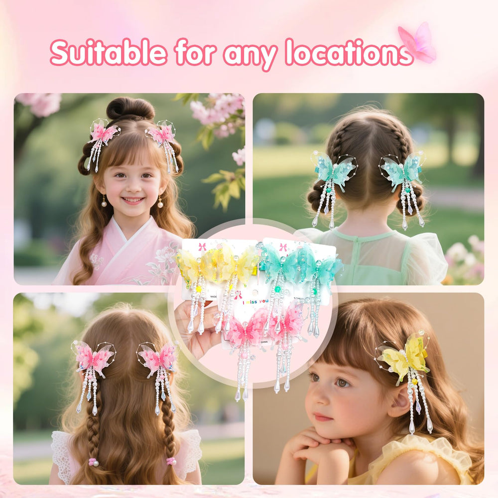 Pearl butterfly tassel hair clip back view shows smooth gripping mechanism