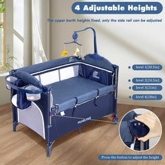 PEARLOVE bedside attachment shows safety straps securing crib to bed.