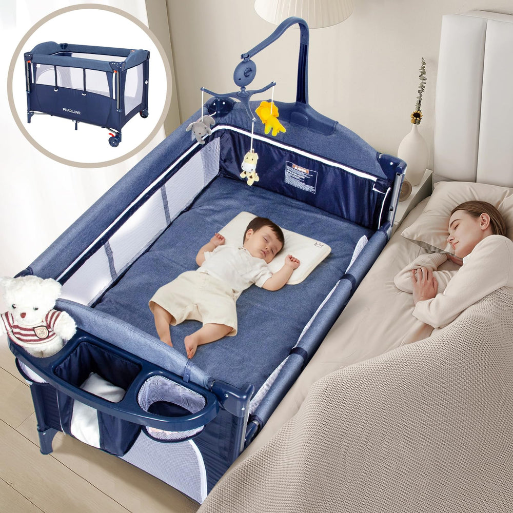 PEARLOVE blue bedside crib ready for bedside attachment for easy night feeds.