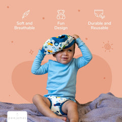 Peejamas Bold Explorer worn by a toddler illustrating a secure daytime fit.